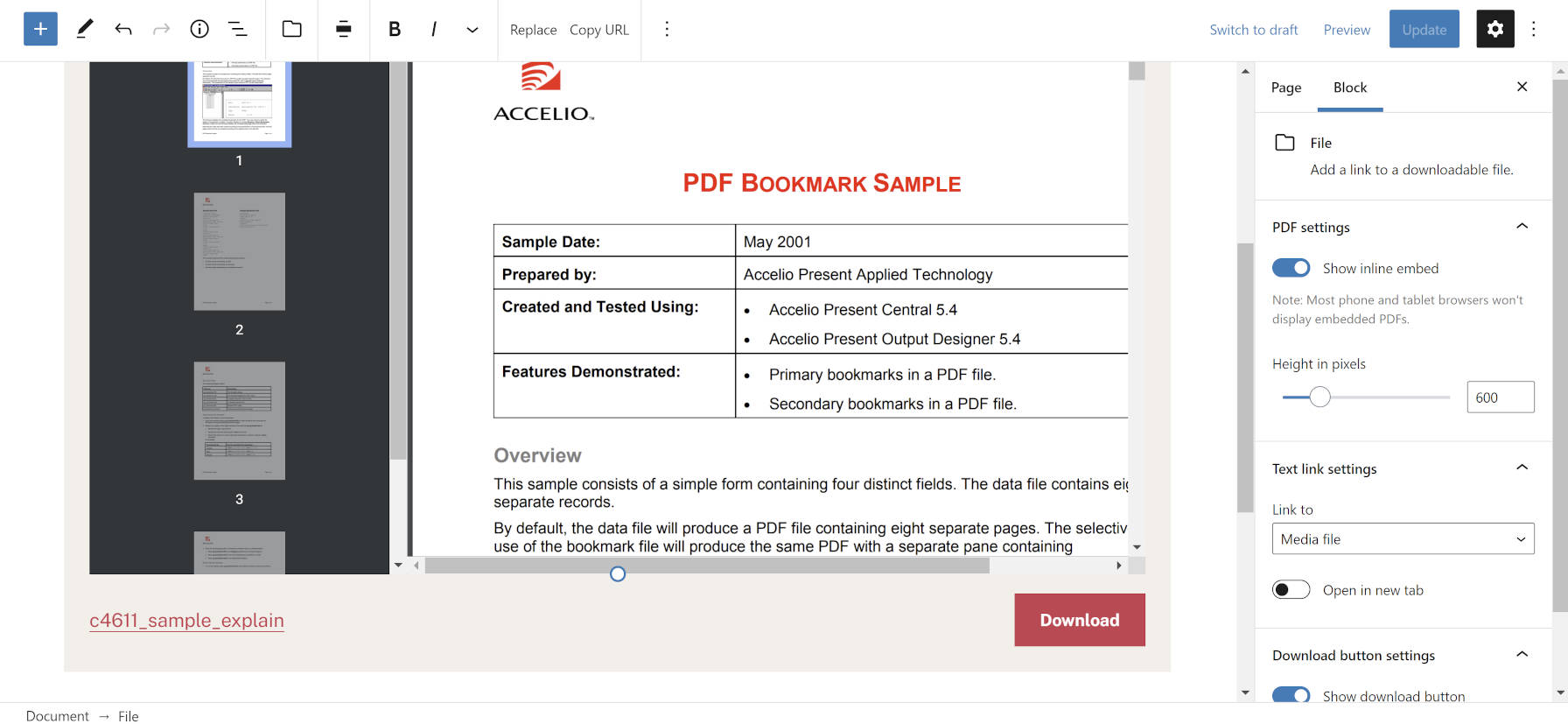 Embedded PDF in the content canvas of the WordPress editor.